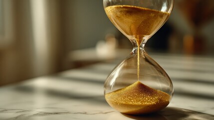 The passing of time is visualized through a close-up shot of an hourglass, with its sand meticulously flowing from top to bottom. ..Created with Generative AI, not depicting real subjects.