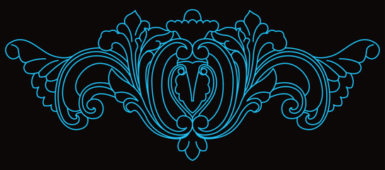 Elegant symmetrical blue vector decorative pattern with intricate flowing scroll lines.