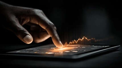 A hand interacts with a digital tablet, illuminating stock market trends, representing financial technology and economic analysis. ..Created with Generative AI, not depicting real subjects.
