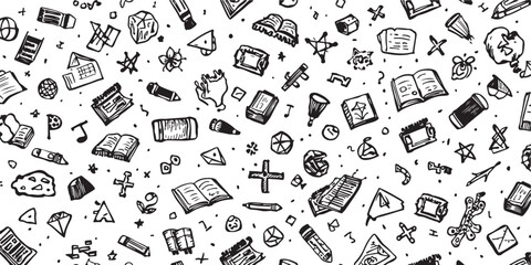Fototapeta premium Hand Drawn Doodles Seamless Pattern on White Background Education and Creativity Concept Black and White Sketch Style Background