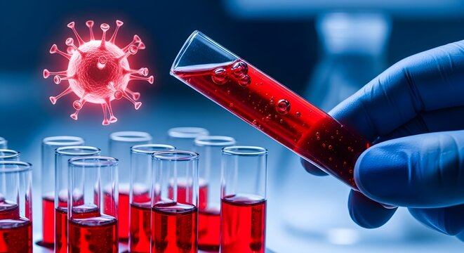 A gloved hand holds a test tube filled with red liquid, with a coronavirus cell and more test tubes in the background.