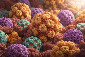 Microscopic view of colorful, spiky virus particles