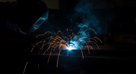 Welder Creating Bright Sparks and Blue Smoke During Industrial Metalwork