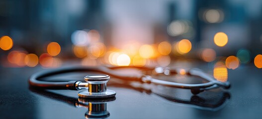 Close-up of a medical stethoscope on a dark surface, with a blurred cityscape background
