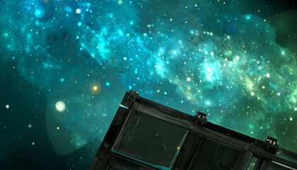 Time Traveling Police Box Against a Swirling Nebula of Teal, Green, and Gold