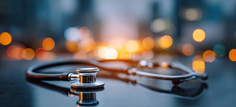 Close-up of a medical stethoscope on a dark surface, with a blurred cityscape background