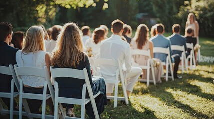 Guests sitting in white chairs, watching a wedding ceremony in a beautiful garden.