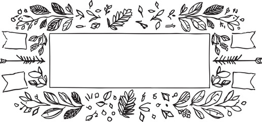 Hand Drawn Floral Frame with Arrows and Banners Black and White Rustic Style Customizable Template Elegant Design Perfect for Invitations and Cards
