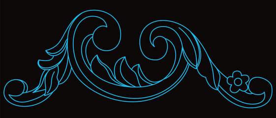 Elegant blue floral scroll ornament with flowing lines on a black background.