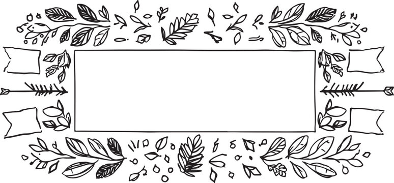 Hand Drawn Floral Frame with Arrows and Banners Black and White Rustic Style Customizable Template Elegant Design Perfect for Invitations and Cards