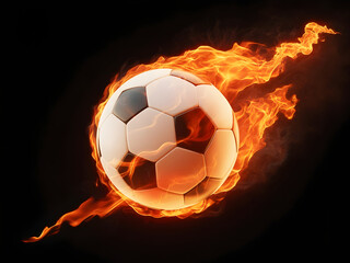 Fototapeta premium Soccer ball with realistic orange flames trailing behind it in motion against a black background football
