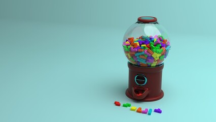 Candy dispenser with sphere container of blocks and block pieces on the floor in a row
