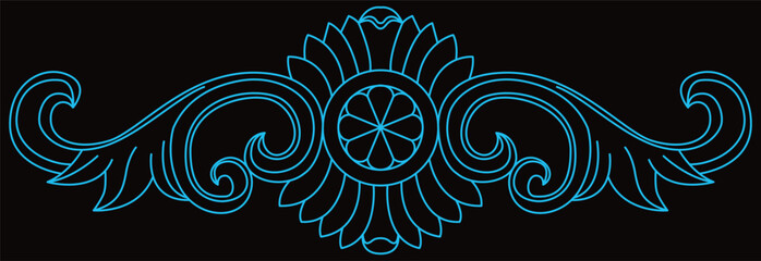 This ornate blue symmetrical vector line art design features elegant swirls.