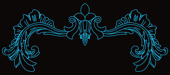 An intricate blue vector illustration displays a beautiful symmetrical floral border.