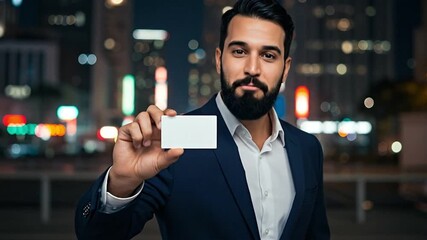 Man holding business card against blurred cityscape - Powered by Adobe