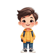Obraz premium Adorable cartoon boy with brown hair wea yellow hoodie jeans sneakers and backpack smiling outdoors on a clear day