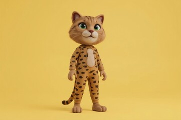 Cartoon cat in a leopard-print outfit, posing on a yellow backdrop.  Animated character, adorable