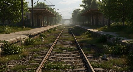 Obraz premium Abandoned Train Station with Overgrown Tracks and Platforms on a Hazy Day