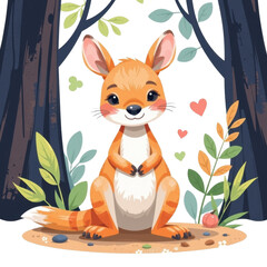 Adorable cartoon fox sitting peacefully in a colorful forest with lush green plants and tall trees in a whical nature scene perfect for children?s design