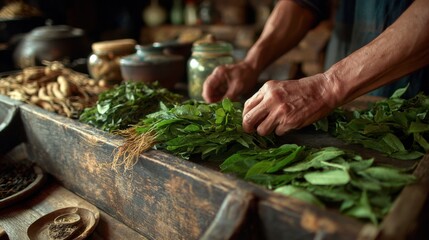 Close medium shot capturing a hand selecting fresh leaves and roots from a rustic herbal cart with blurred tools and jars hinting at traditional pulsebased tea crafting.