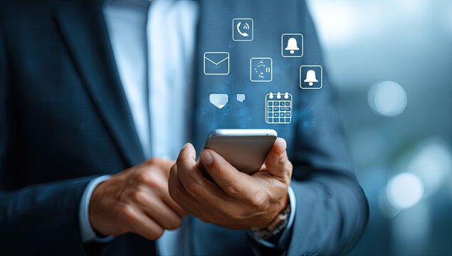 Businessman using a phone with digital notification icons overlayed - Powered by Adobe
