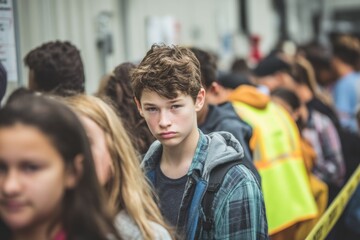 A nervous teenager standing in line for a free lunch program Volunteers offer encouragement The mood feels vulnerable but supportive, Generative AI 