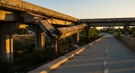 Damaged concrete overpass bridge section collapsed, revealing structural failure and decay in an urban environment at golden hour.