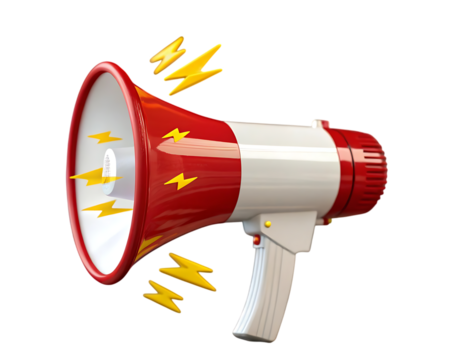 Bright red and white megaphone with yellow lightning bolt sound waves 3d render transparent background