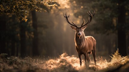 Majestic stag with impressive antlers in the forest. The stag's coat is a rich brown, contrasting beautifully with the sunlit forest background. A symbol of strength and beauty