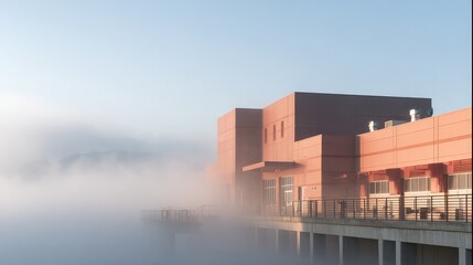Obraz premium An industrial building with geometric design, enveloped in morning fog for a cool atmosphere.