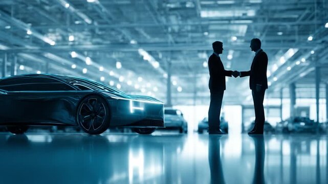 Automotive Deal: Two professionals in suits seal a deal with a handshake in a sleek, modern car showroom, beside a futuristic car.