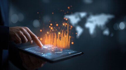 A person using a tablet with digital business data analysis