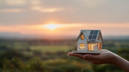 Miniature house in hand against a scenic sunset background. The small house represents dreams and goals, while the setting sun evokes feelings of hope.