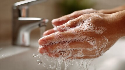 Fototapeta premium Close-up of a person washing their hands with soap under a water tap