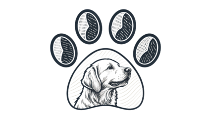 Stylized Dog Paw Print Illustration with Labrador Retriever on Black Background