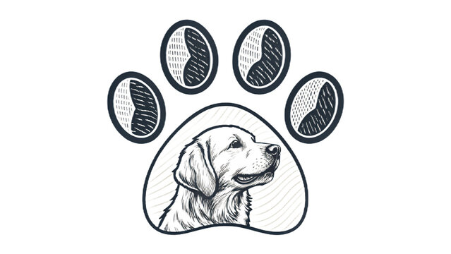 Stylized Dog Paw Print Illustration with Labrador Retriever on Black Background