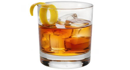 Old fashioned cocktail with lemon twist isolated on transparent background