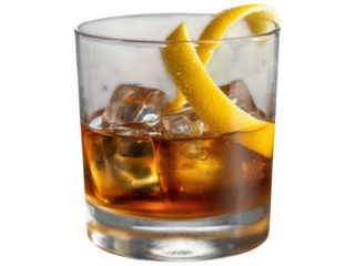 Old fashioned cocktail with lemon twist isolated on transparent background