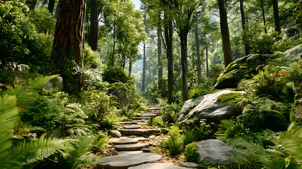 Modern wellness sleep routines Serene forest path surrounded by lush greenery. Minimalist lifestyle rest balance Mindful recovery and productivity habits