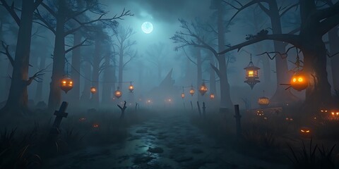 Spooky forest path with glowing Jack-o'-lanterns and lanterns on Halloween night.