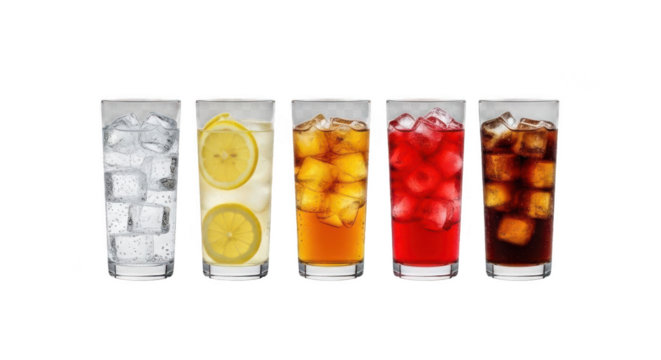 Five glasses with different drinks isolated on transparent background
