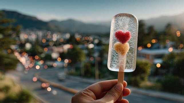 An eye-catching heart-shaped popsicle held against the backdrop of a scenic cityscape. The popsicle features two colorful heart-shaped candies and sits on a wooden stick - Powered by Adobe