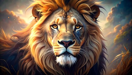 Fototapeta premium Majestic lion portrait in sunrise