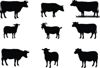 Farm Animal Silhouette Vector Set – Cow, Goat, and Sheep Illustrations for Agriculture, Livestock Icons, Farming Design, and Rural Graphics