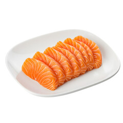 Fresh salmon sashimi slices arranged neatly on white plate, showcasing vibrant orange color and delicate marbling, isolated on white or transparent background, PNG format.