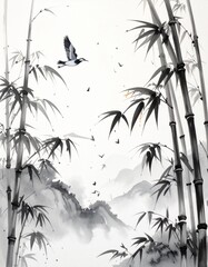 Ink wash painting depicting birds flying over a mountainous landscape with bamboo
