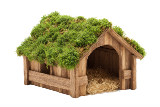 Wooden Moss-Covered Animal Stable Shelter