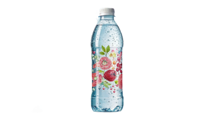 Sparkling Water Bottle with Berry and Floral Design on Black Background