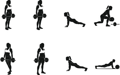 Female Fitness Workout Silhouette Vector Set – Strength Training, Barbell Lifting, Push-ups, and Exercise Poses for Health and Gym Design