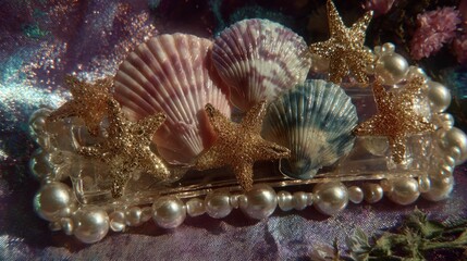 Obraz premium A close-up of a beautiful shell arrangement, perfect for decorative purposes. The shells are of varying sizes, shapes, and colors, with starfish and pearls adding beauty